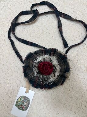 Floral Plaid Fabric Jabot Necklace with Red Rose Accent